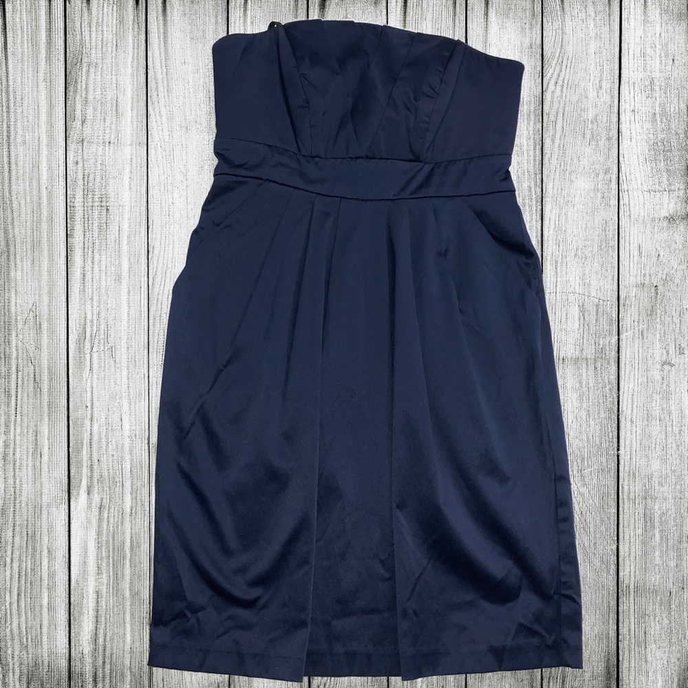 City Studio Strapless Navy Satin Pleated Dress